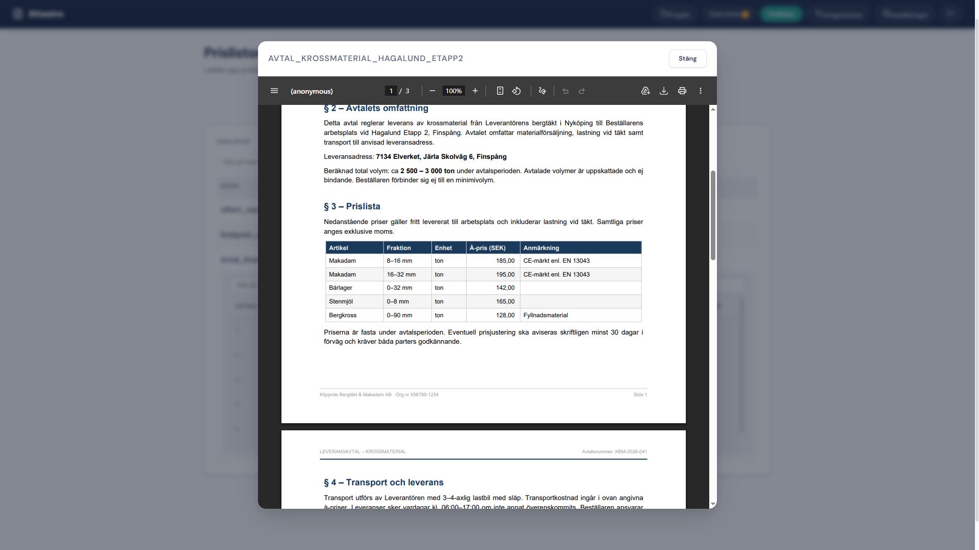 Skärmbild som visar förhandsgranskning av leveransavtal med prislista