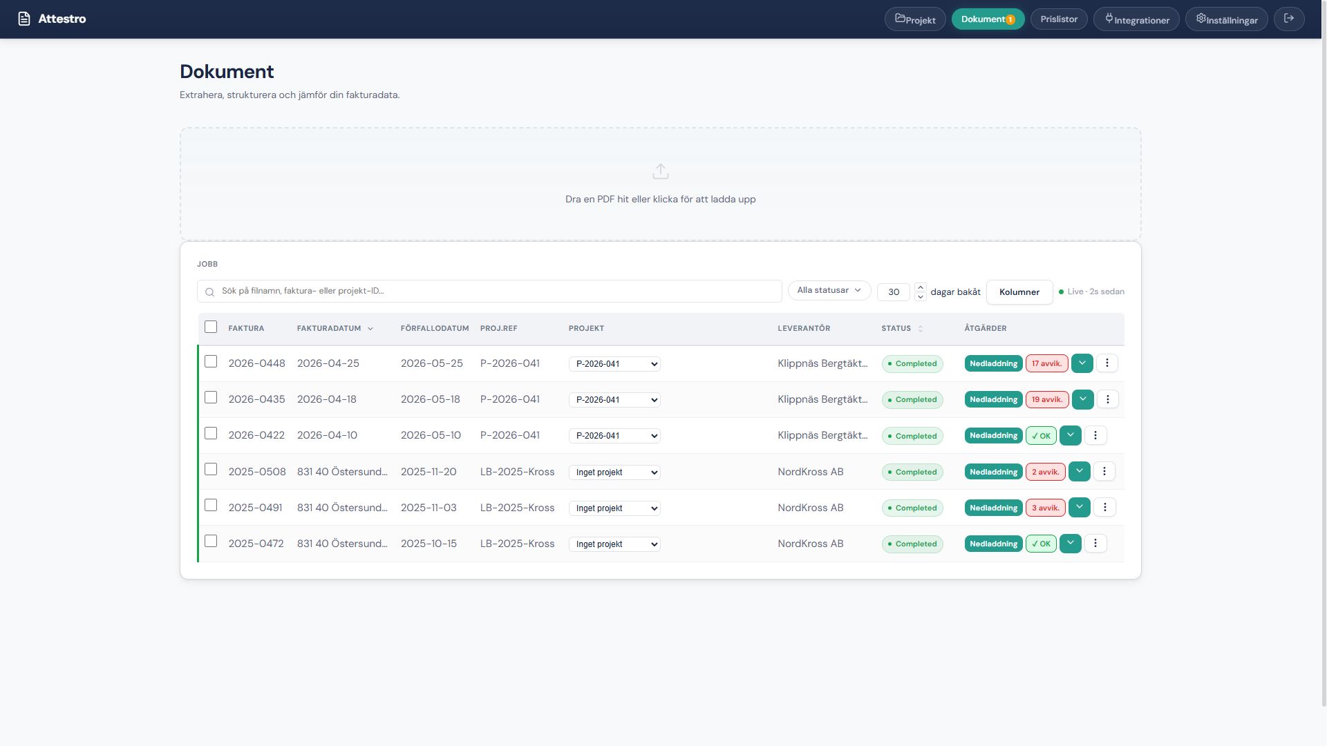 Skärmbild som visar uppladdning av leverantörsfaktura i Attestro